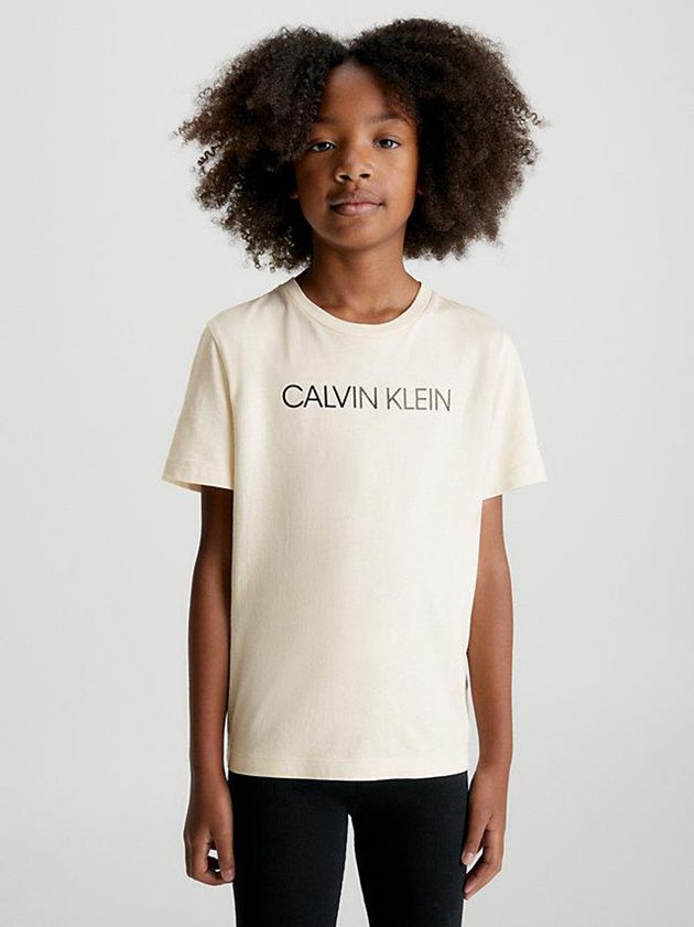 Beige Calvin Klein Organic Cotton Logo Girls's T-Shirt | XPIN-05328