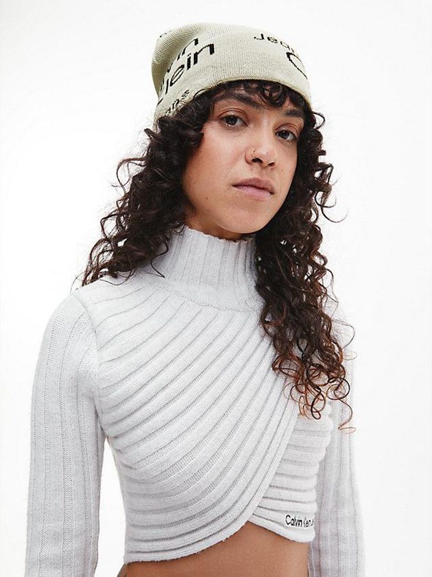 Beige Calvin Klein Organic Cotton Logo Women Beanie | RYAC-51780
