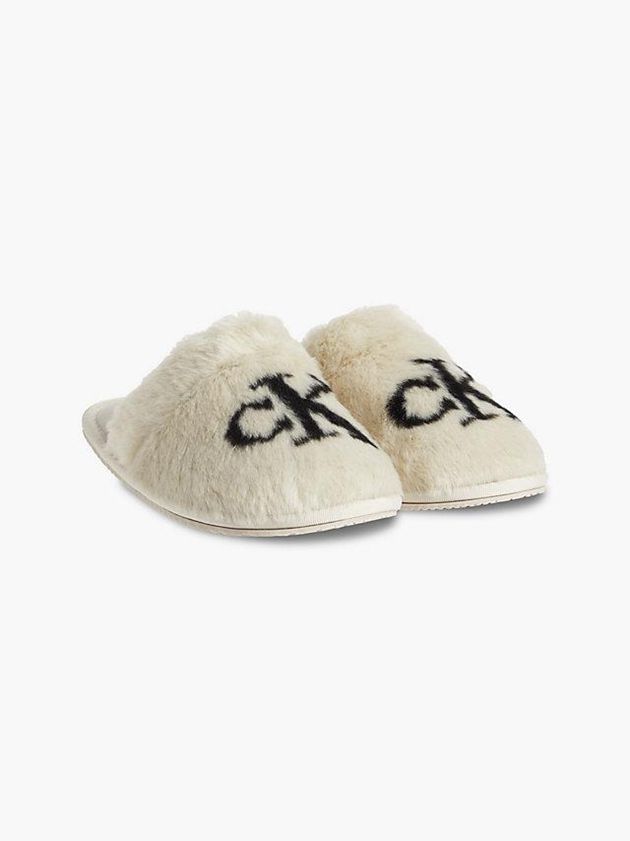 Beige Calvin Klein Recycled Faux Fur Women Slippers | WGYJ-93807
