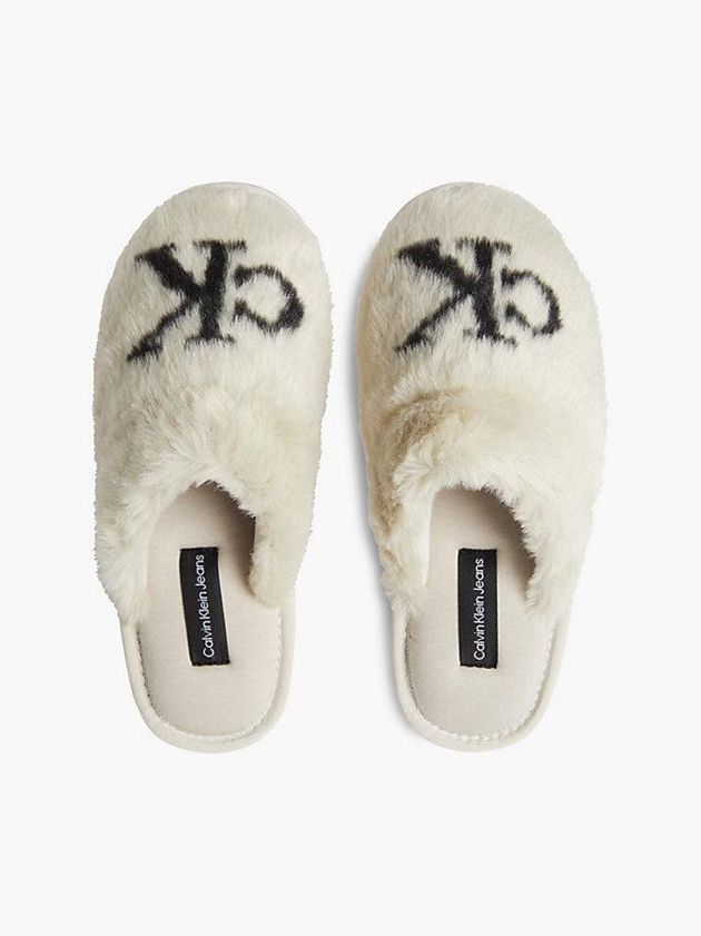 Beige Calvin Klein Recycled Faux Fur Women Slippers | WGYJ-93807