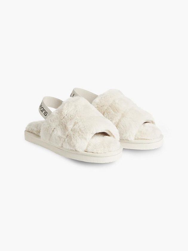 Beige Calvin Klein Recycled Faux Fur Women Slippers | FCPI-78054