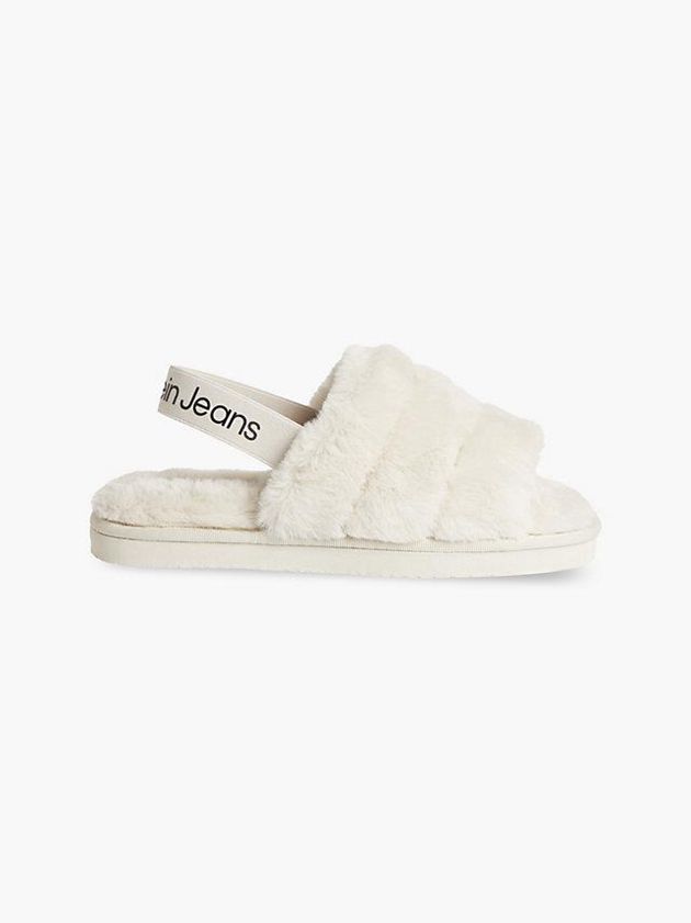 Beige Calvin Klein Recycled Faux Fur Women Slippers | FCPI-78054