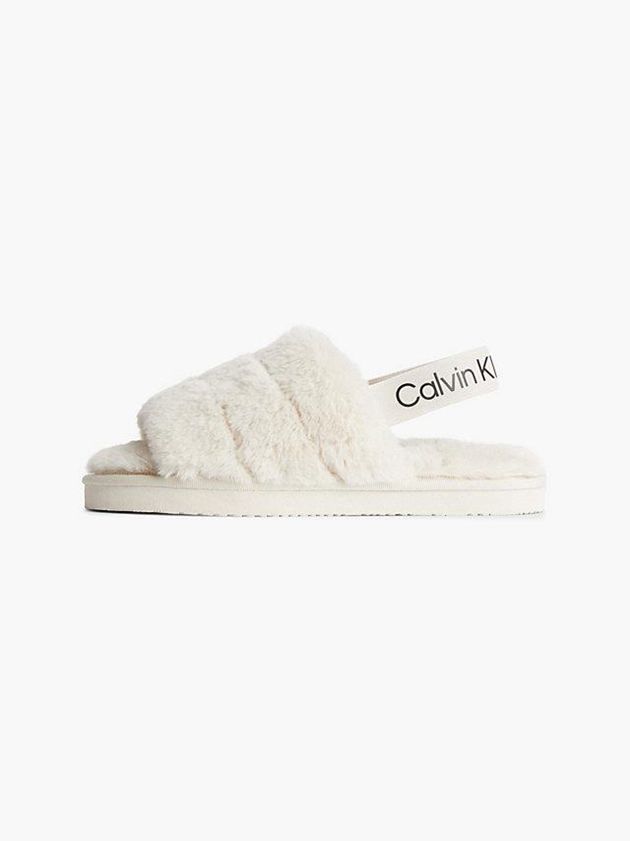 Beige Calvin Klein Recycled Faux Fur Women Slippers | FCPI-78054