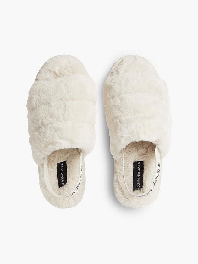 Beige Calvin Klein Recycled Faux Fur Women Slippers | FCPI-78054