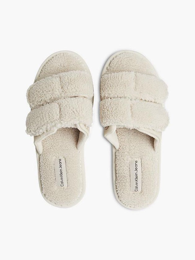 Beige Calvin Klein Recycled Faux Shearling Women Slippers | NAWC-29483