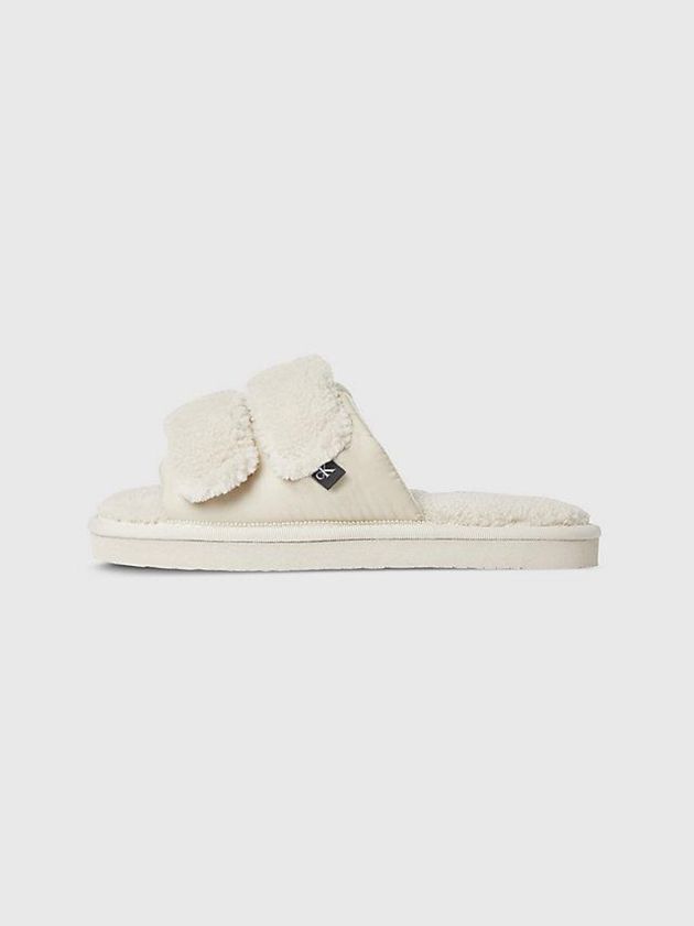 Beige Calvin Klein Recycled Faux Shearling Women Slippers | NAWC-29483