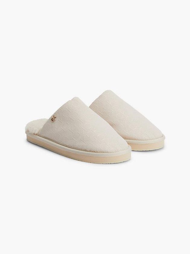Beige Calvin Klein Recycled Logo Jacquard Women Slippers | TQVA-17526