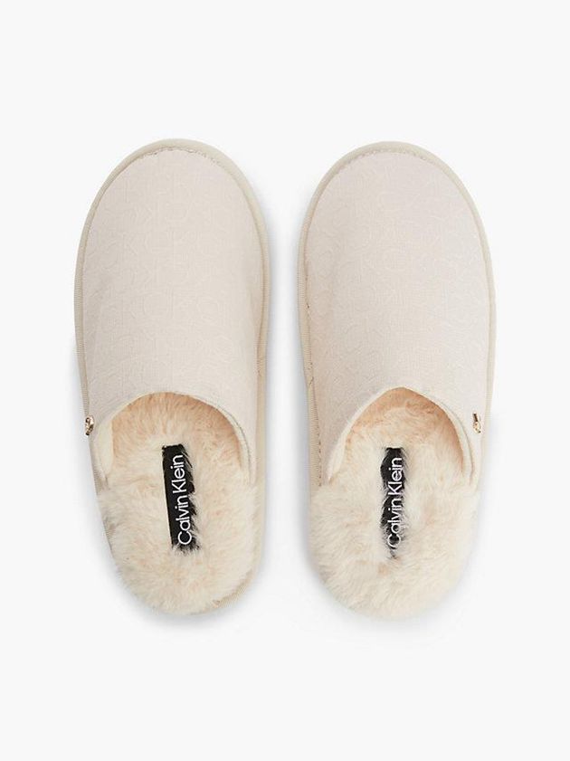 Beige Calvin Klein Recycled Logo Jacquard Women Slippers | TQVA-17526