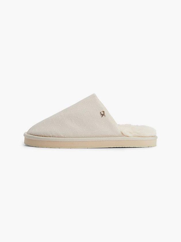 Beige Calvin Klein Recycled Logo Jacquard Women Slippers | TQVA-17526