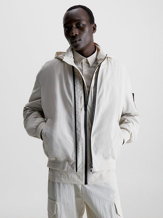 Beige Calvin Klein Recycled Matt Bomber Men Jacket | PDAU-48109