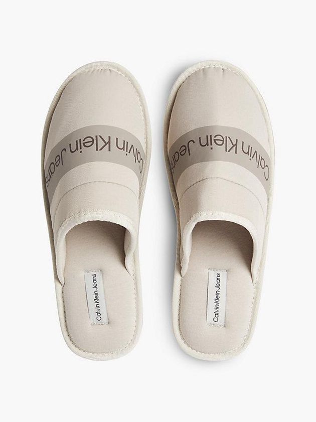 Beige Calvin Klein Recycled Twill Men Slippers | WZLK-93280