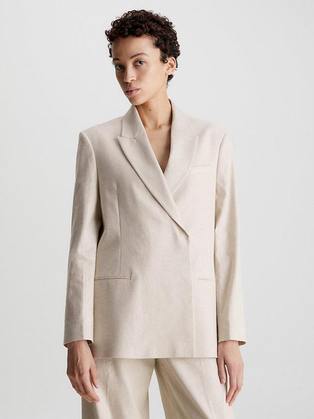 Beige Calvin Klein Relaxed Linen Tailored Blazer Women Jacket | CSVY-13872