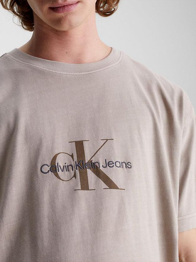Beige Calvin Klein Relaxed Monogram Men T-Shirt | ESUN-57891