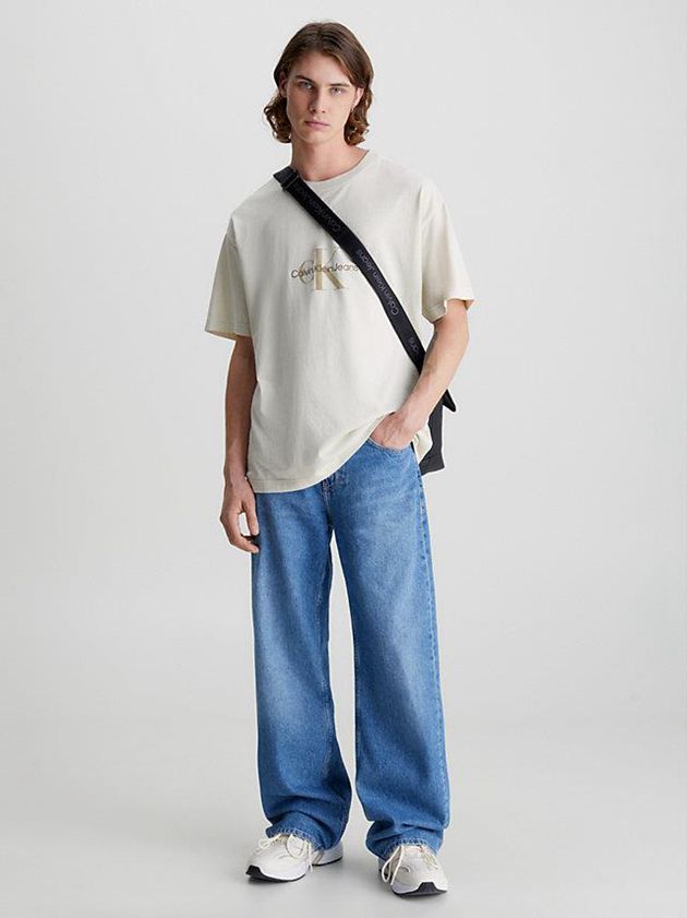 Beige Calvin Klein Relaxed Monogram Men T-Shirt | VKIH-25693