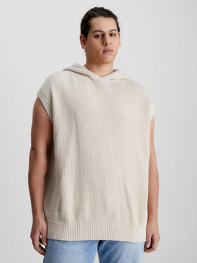 Beige Calvin Klein Relaxed Sleeveless Hooded Jumper Men Sweater | AEZX-86475