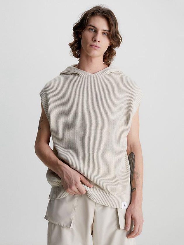 Beige Calvin Klein Relaxed Sleeveless Hooded Jumper Men Sweater | AEZX-86475