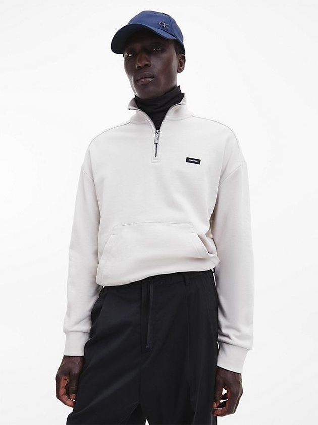 Beige Calvin Klein Relaxed Zip Neck Men Sweatshirt | QPHN-90768