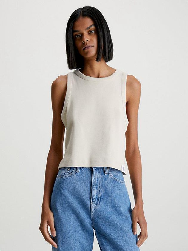 Beige Calvin Klein Ribbed Cotton Tank Women Top | RKVQ-71253
