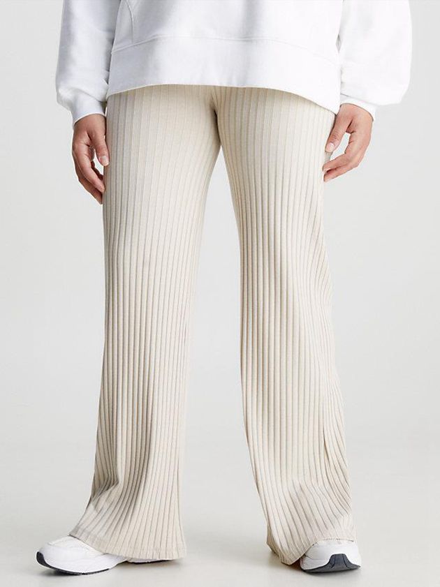 Beige Calvin Klein Ribbed Jersey Flared Women Pants | RZHI-73852