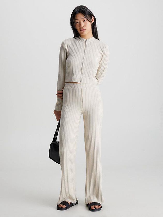 Beige Calvin Klein Ribbed Jersey Flared Women Pants | RZHI-73852