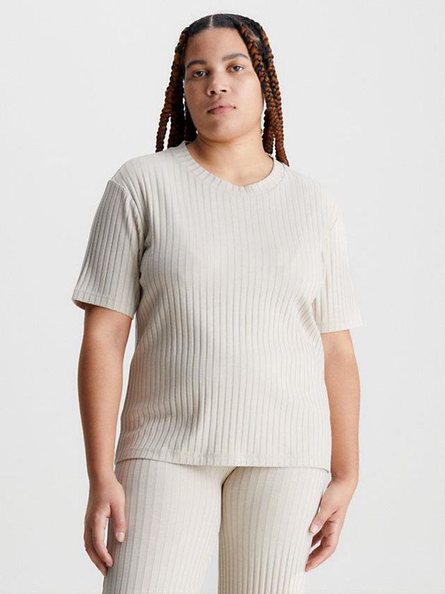 Beige Calvin Klein Ribbed Jersey Women T-Shirt | TZCY-19840