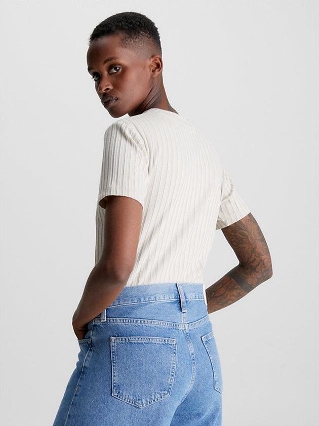 Beige Calvin Klein Ribbed Jersey Women T-Shirt | TZCY-19840