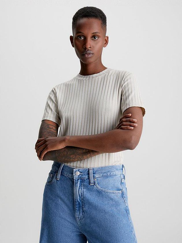 Beige Calvin Klein Ribbed Jersey Women T-Shirt | TZCY-19840