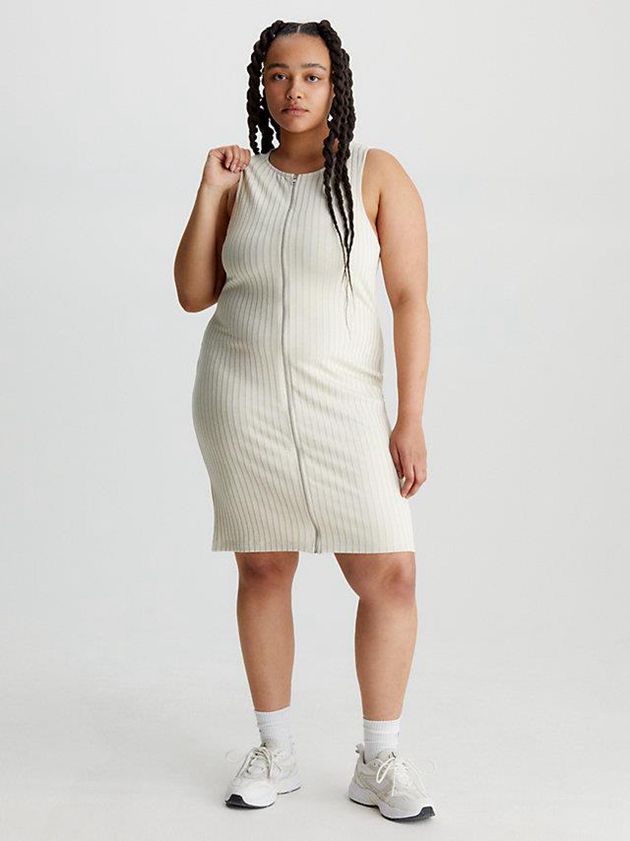 Beige Calvin Klein Ribbed Zip-Through Mini Women Dress | XZDK-96501