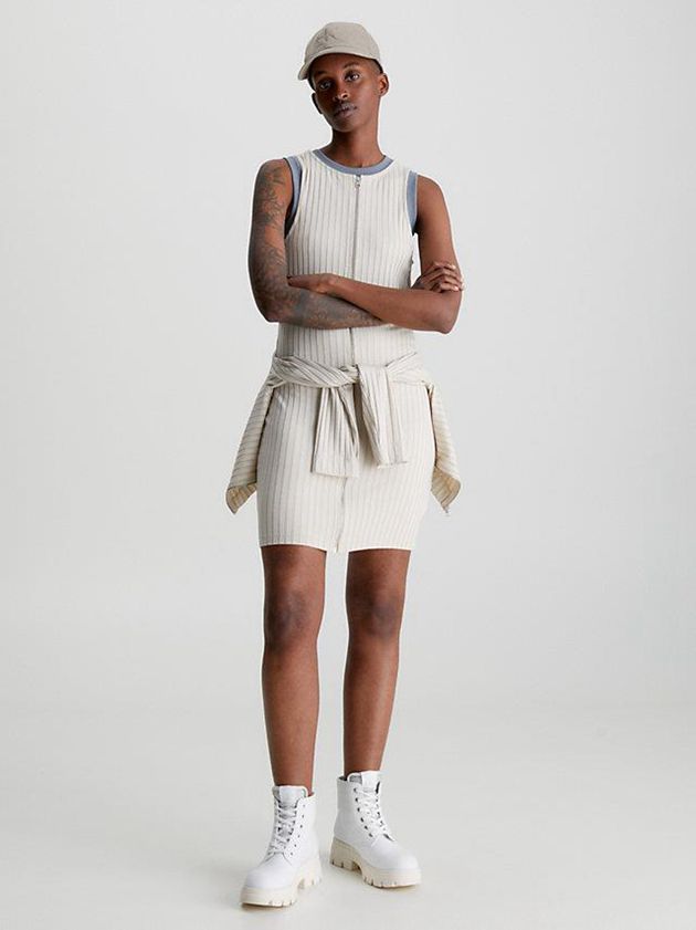 Beige Calvin Klein Ribbed Zip-Through Mini Women Dress | XZDK-96501