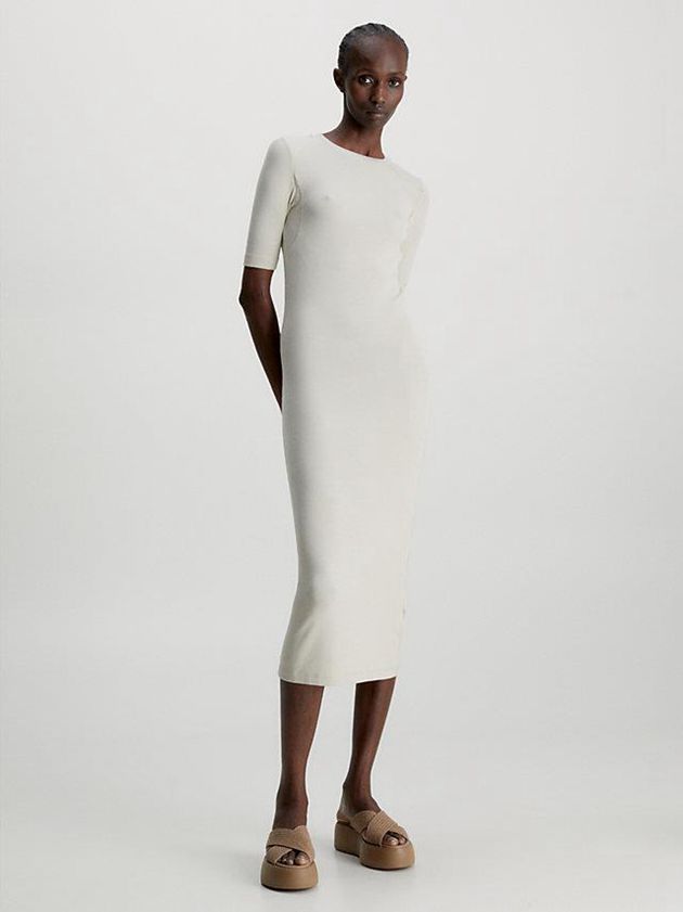 Beige Calvin Klein Skinny Modal Ribbed Midi Women Dress | QWXM-54812