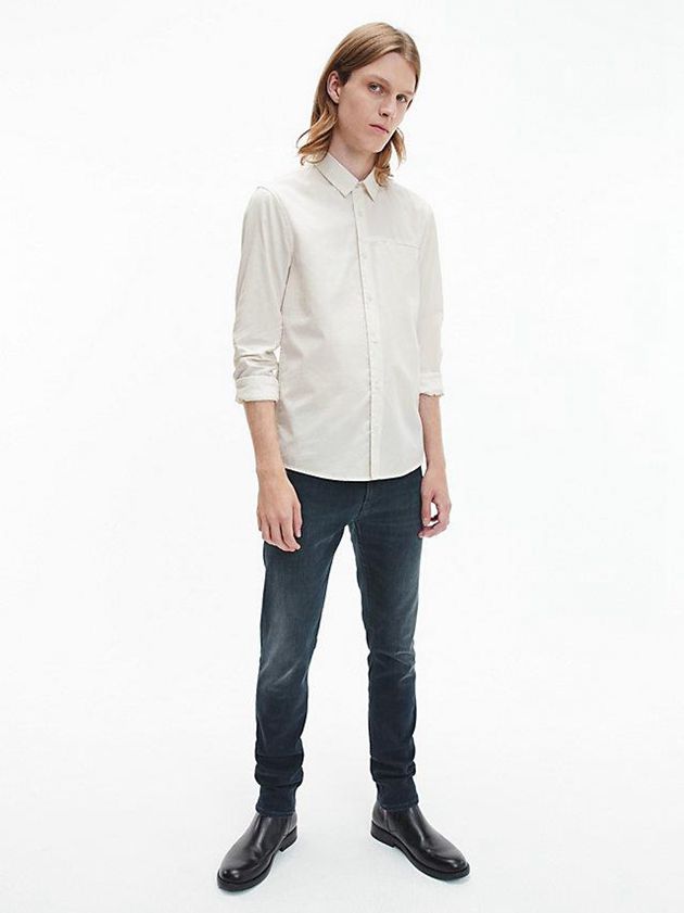 Beige Calvin Klein Slim Cotton Twill Men Shirts | CMFX-41528