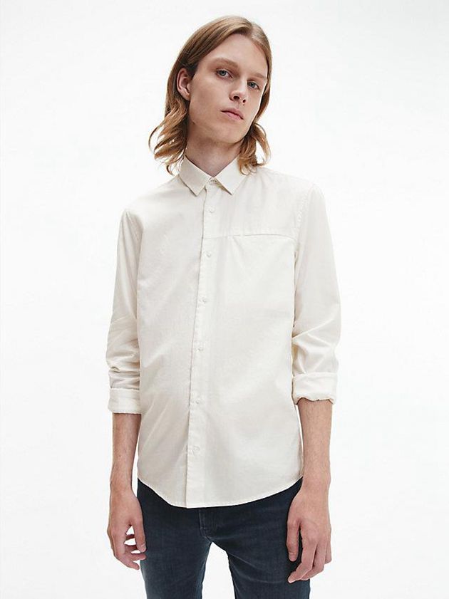 Beige Calvin Klein Slim Cotton Twill Men Shirts | CMFX-41528