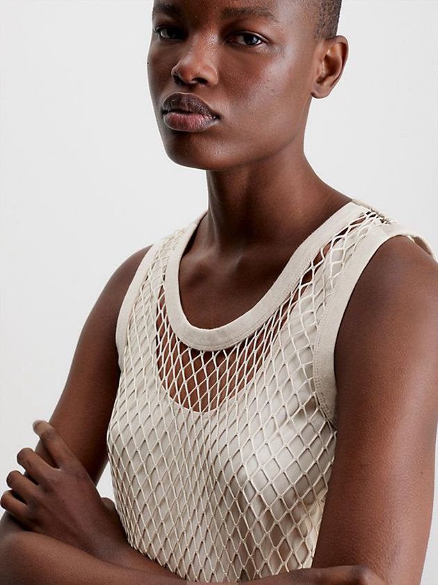 Beige Calvin Klein Slim Layered Net Tank Women Dress | ZUJV-61359