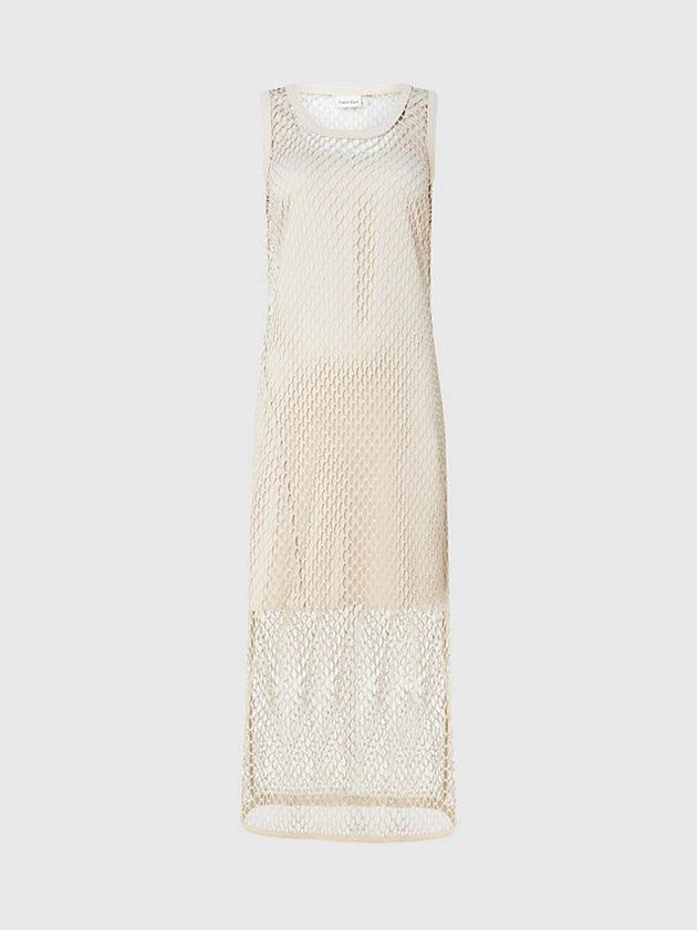 Beige Calvin Klein Slim Layered Net Tank Women Dress | ZUJV-61359