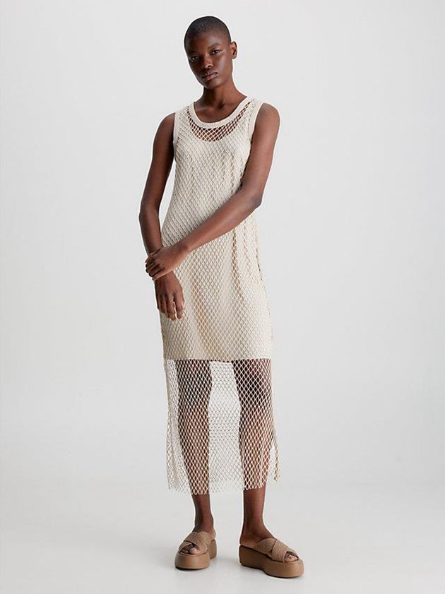 Beige Calvin Klein Slim Layered Net Tank Women Dress | ZUJV-61359