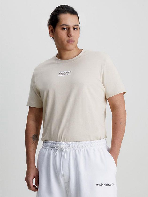 Beige Calvin Klein Slim Logo Men T-Shirt | IWYN-13625