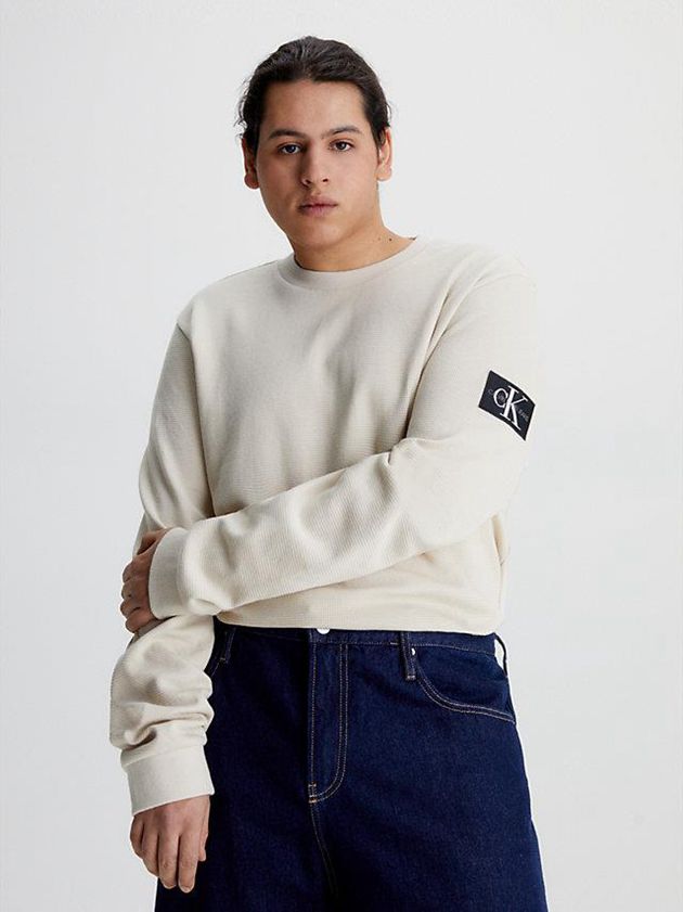 Beige Calvin Klein Slim Long Sleeve Badge Men T-Shirt | FIQR-26154