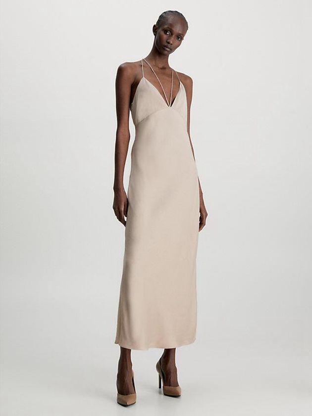 Beige Calvin Klein Slim Low Back Slip Women Dress | IRJZ-65120