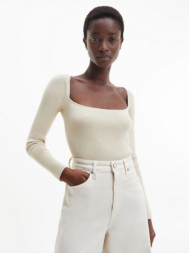 Beige Calvin Klein Slim Ribbed Jumper Women Sweater | CARS-24807