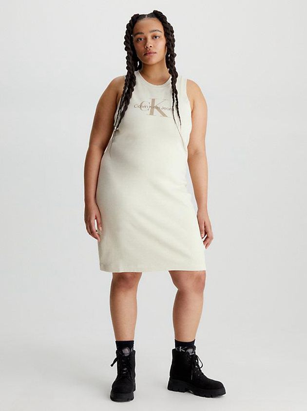 Beige Calvin Klein Slim Ribbed Monogram Tank Women Dress | TNFS-85693