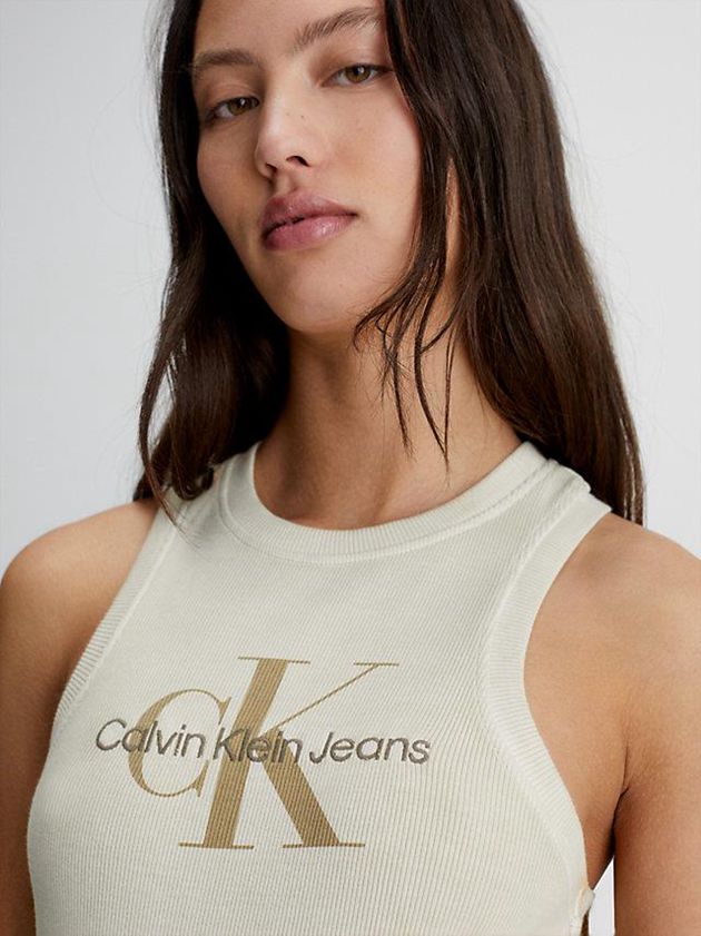 Beige Calvin Klein Slim Ribbed Monogram Tank Women Dress | TNFS-85693