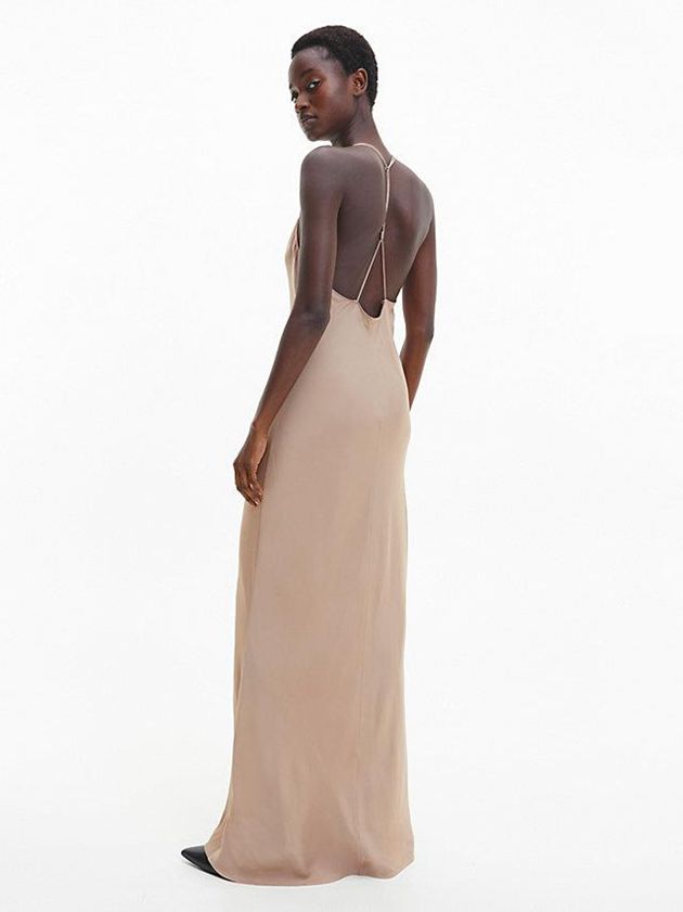 Beige Calvin Klein Slim Satin Maxi Slip Women Dress | HRUN-98725