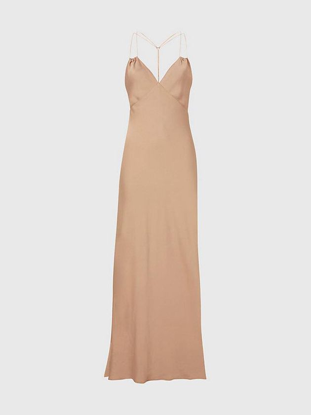 Beige Calvin Klein Slim Satin Maxi Slip Women Dress | HRUN-98725