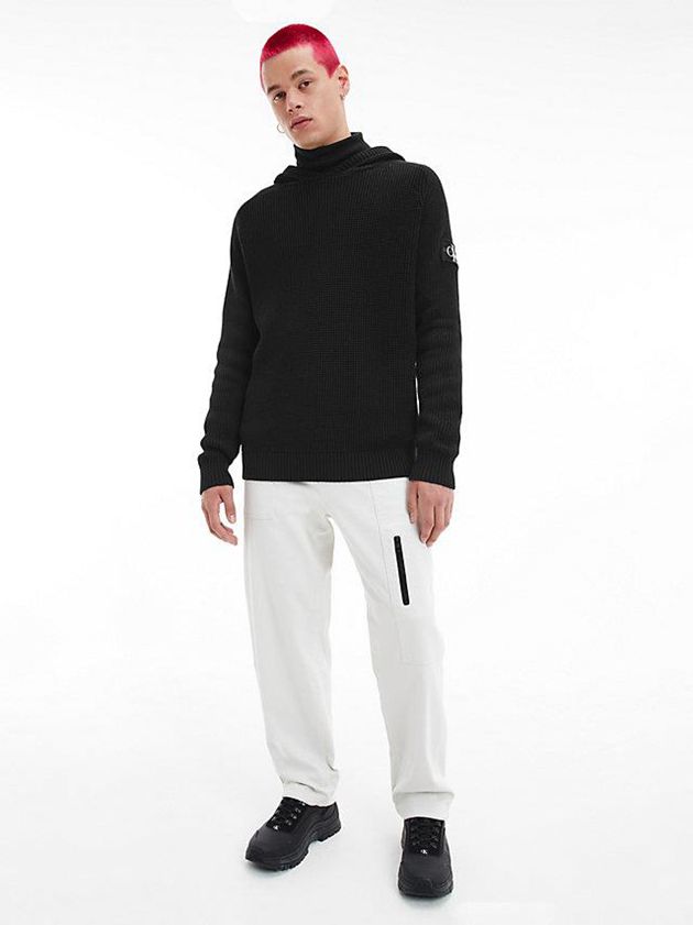 Black Calvin Klein Combed Cotton Hooded Jumper Men Sweater | MTWX-17804