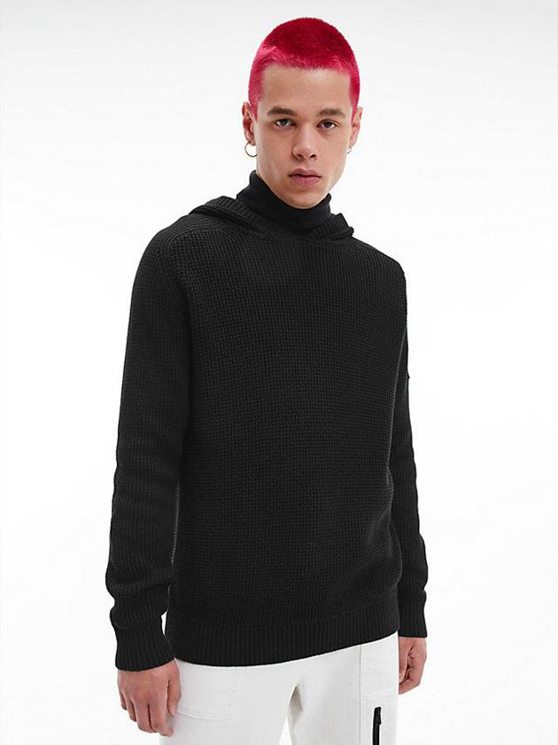 Black Calvin Klein Combed Cotton Hooded Jumper Men Sweater | MTWX-17804