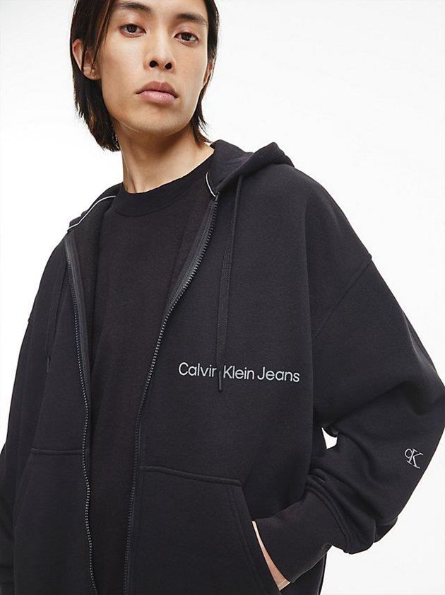 Black Calvin Klein Cotton Fleece Zip Up Men Hoodie | TFKV-02435