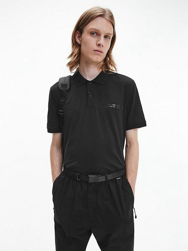 Black Calvin Klein Cotton Jersey Logo Men Polo Shirt | UBAN-07598