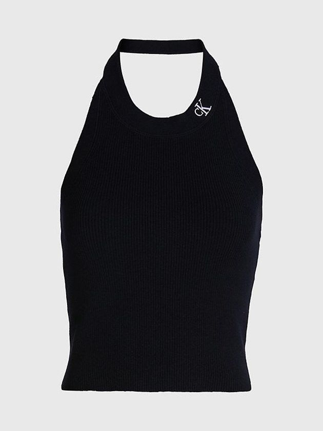 Black Calvin Klein Cotton Knit Halter Neck Women Top | EXYG-64738