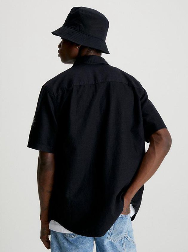 Black Calvin Klein Cotton Linen Short Sleeve Men Shirts | FREH-43671