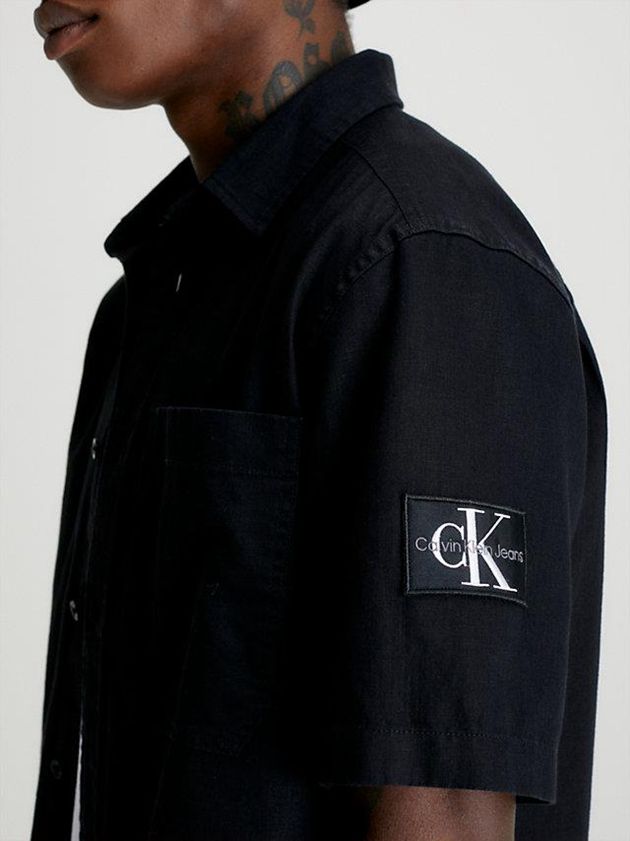 Black Calvin Klein Cotton Linen Short Sleeve Men Shirts | FREH-43671